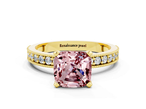 Yellow gold Cushion Cut Morganite Milgrain Pavé Engagement Ring with Four-Prong Setting_12