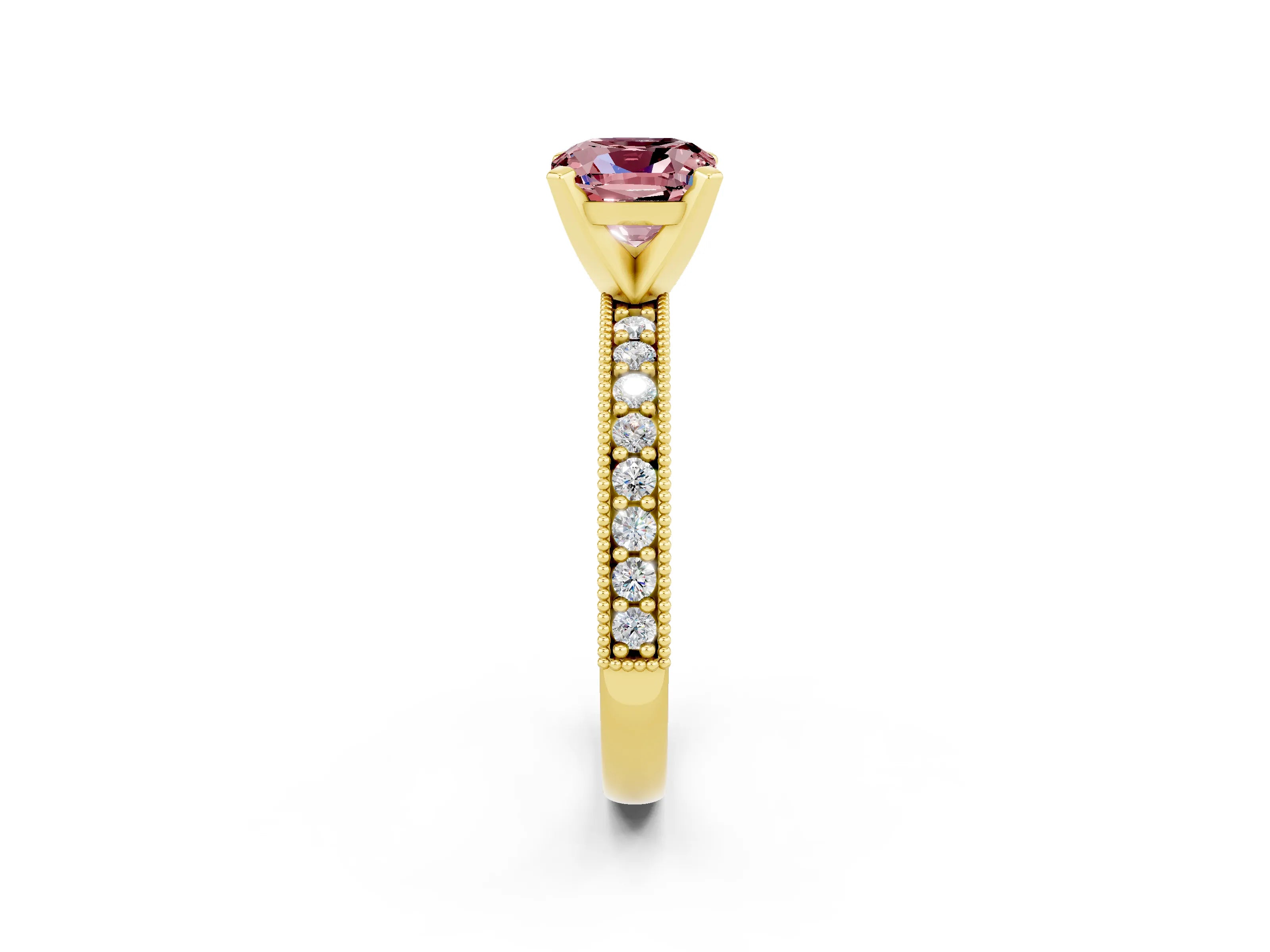 Yellow gold Cushion Cut Morganite Milgrain Pavé Engagement Ring with Four-Prong Setting_14