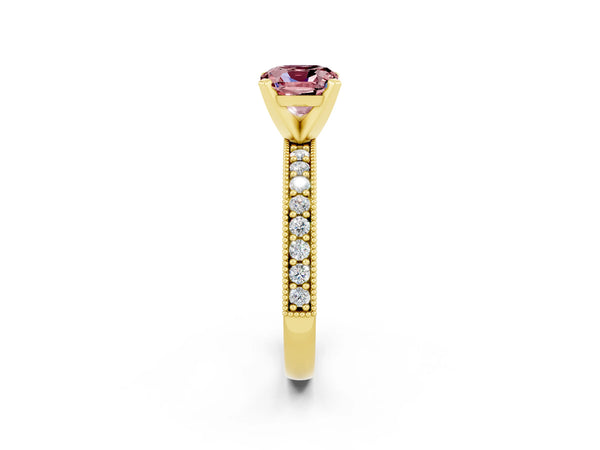 Yellow gold Cushion Cut Morganite Milgrain Pavé Engagement Ring with Four-Prong Setting
