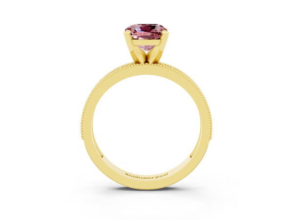 Yellow gold Cushion Cut Morganite Milgrain Pavé Engagement Ring with Four-Prong Setting