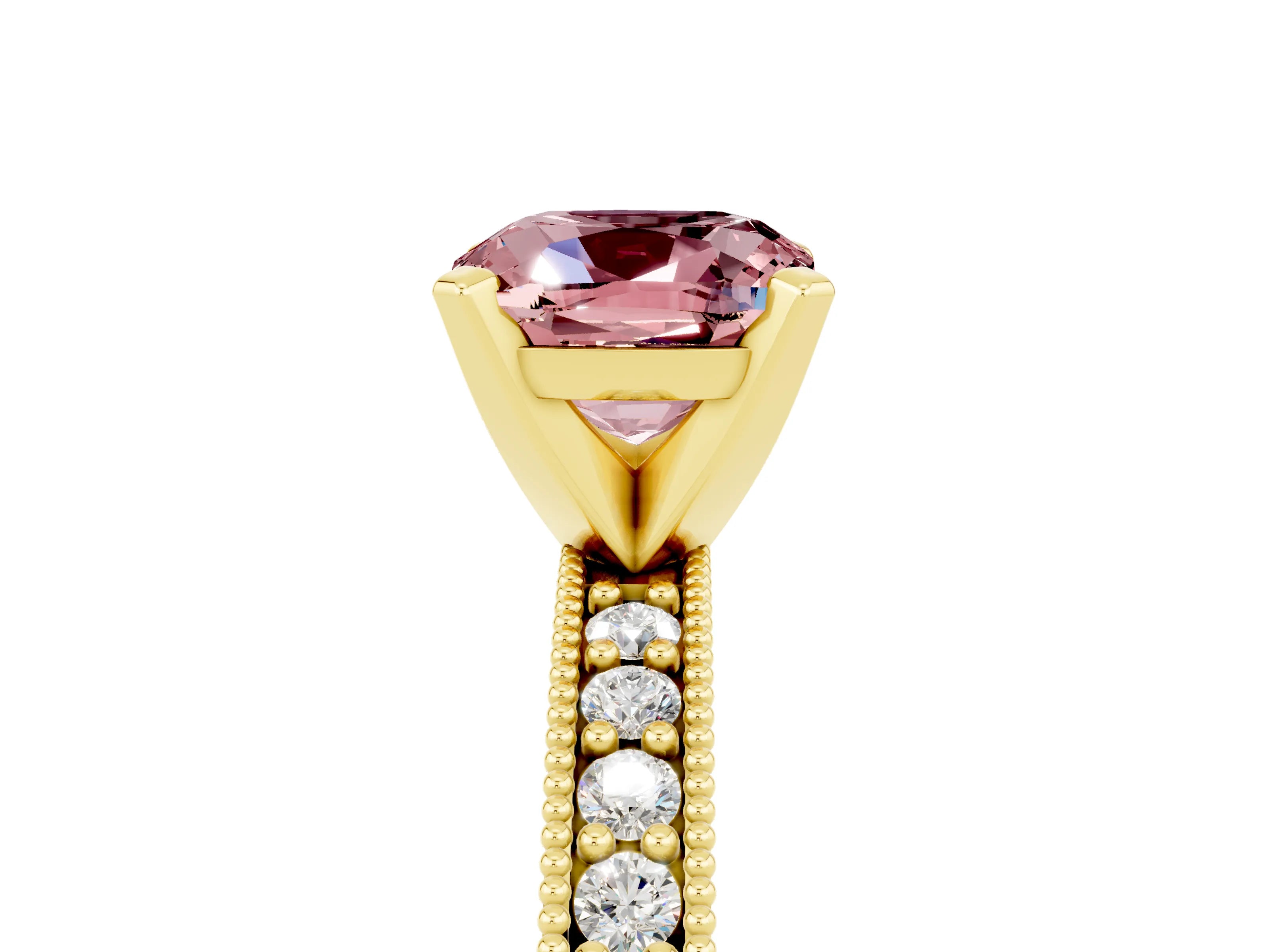 Yellow gold Cushion Cut Morganite Milgrain Pavé Engagement Ring with Four-Prong Setting_17