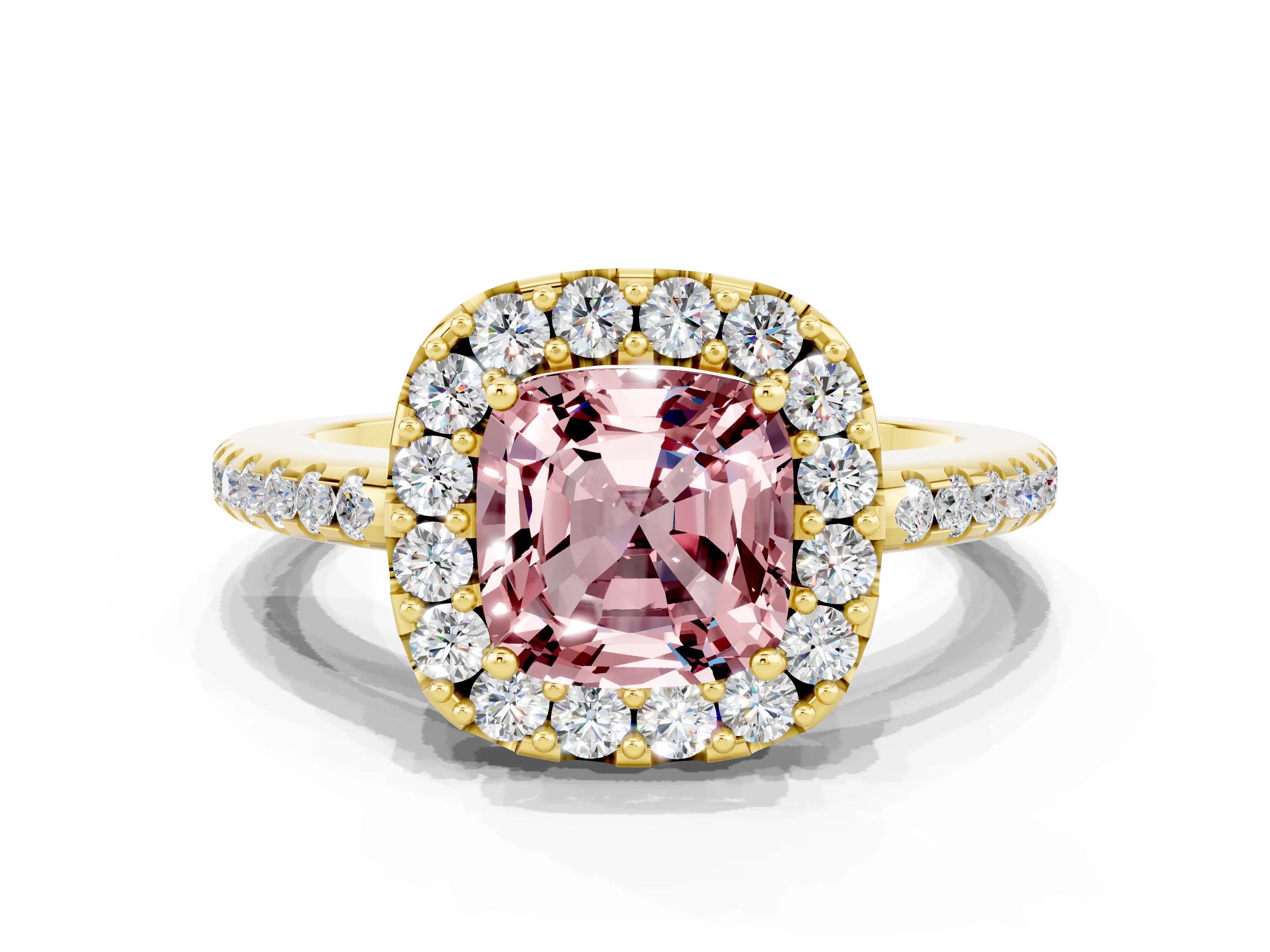 Yellow gold Cushion Cut Morganite Pavé Halo Ring with Four-Prong Setting_12