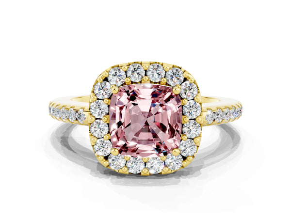 Yellow gold Cushion Cut Morganite Pavé Halo Ring with Four-Prong Setting
