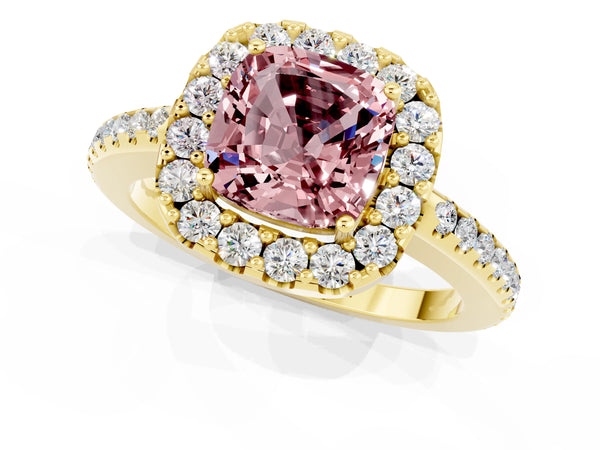 Yellow gold Cushion Cut Morganite Pavé Halo Ring with Four-Prong Setting