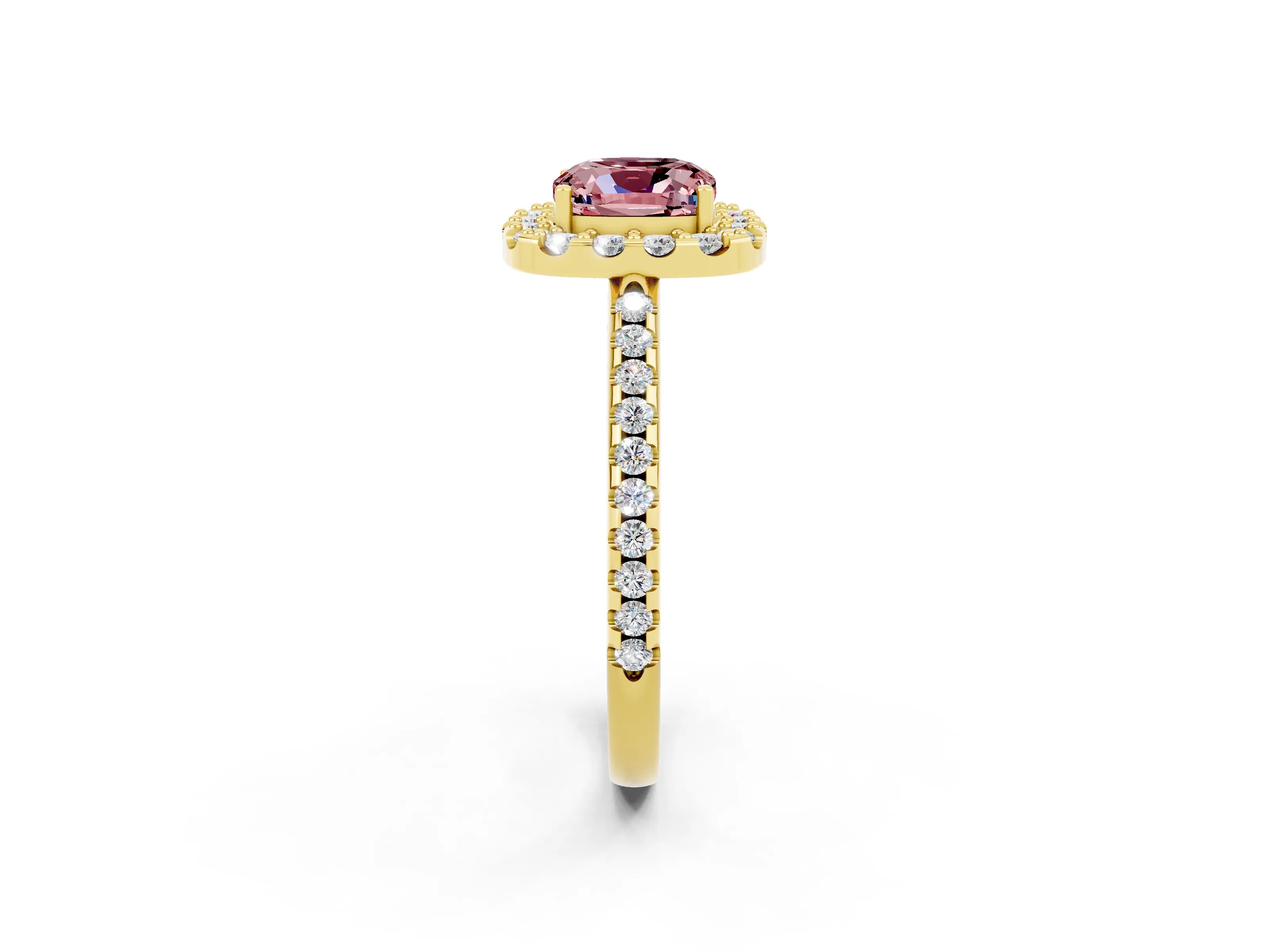 Yellow gold Cushion Cut Morganite Pavé Halo Ring with Four-Prong Setting_14