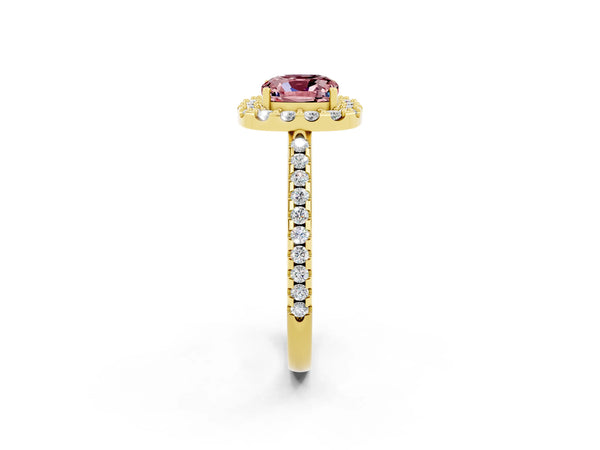 Yellow gold Cushion Cut Morganite Pavé Halo Ring with Four-Prong Setting