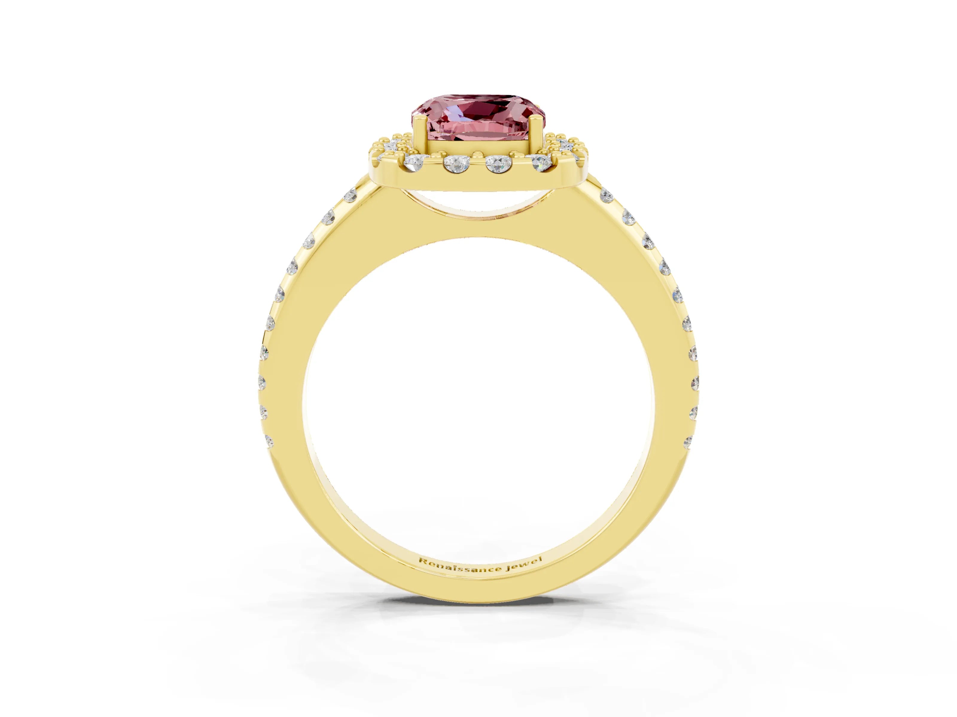 Yellow gold Cushion Cut Morganite Pavé Halo Ring with Four-Prong Setting_15