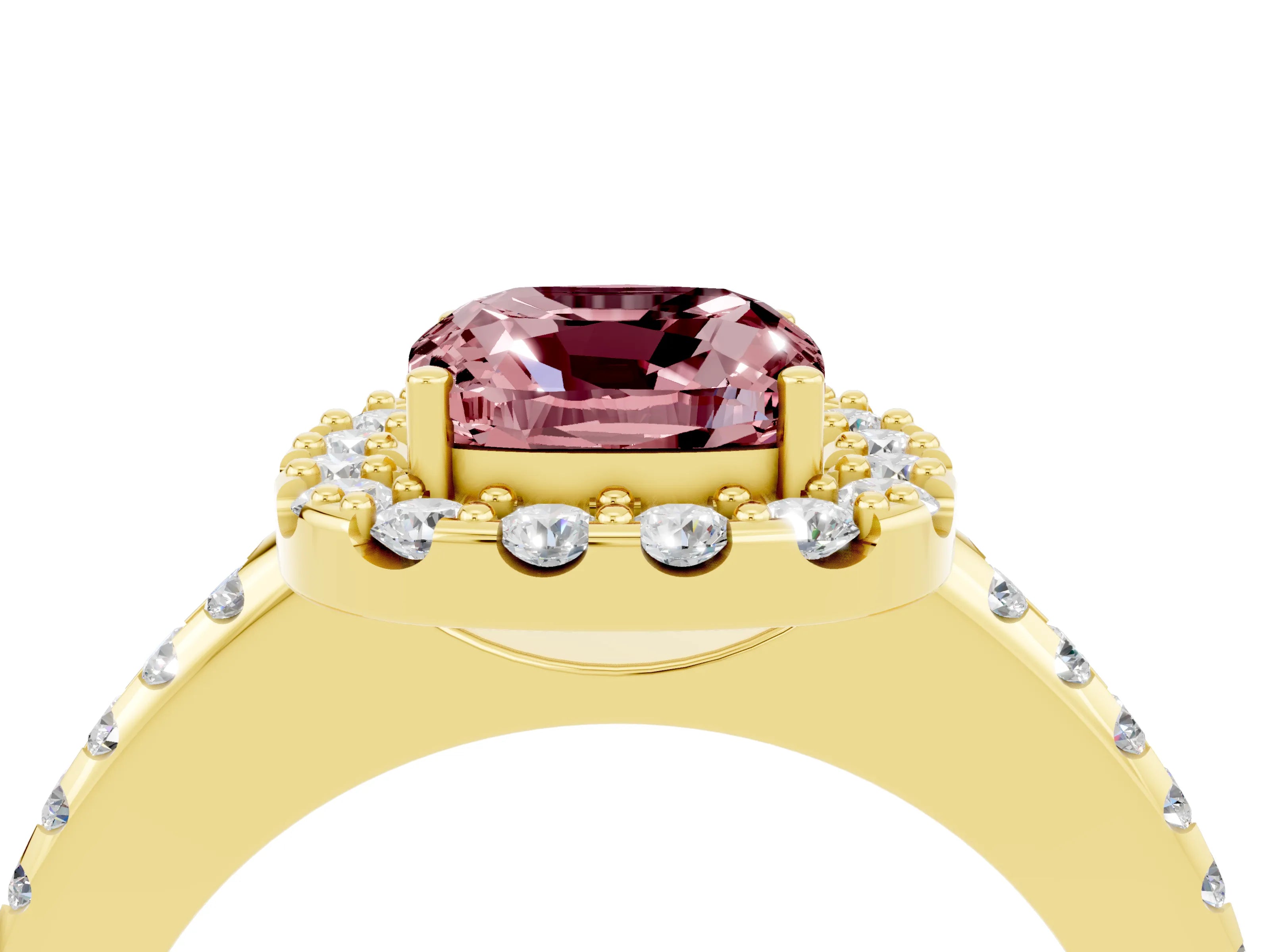 Yellow gold Cushion Cut Morganite Pavé Halo Ring with Four-Prong Setting_16