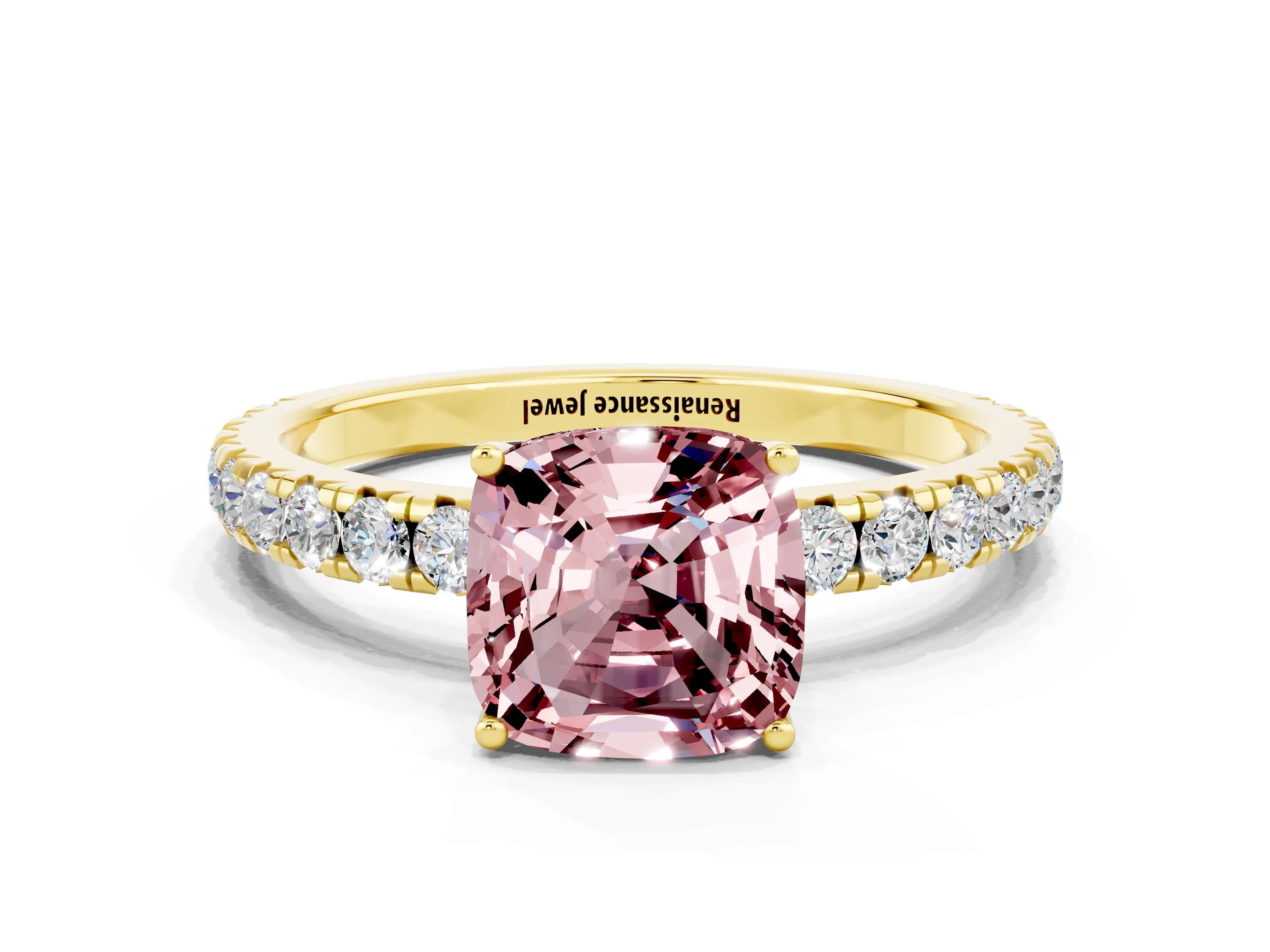 Yellow gold Cushion Cut Morganite Pavé Solitaire Engagement Ring with Four-Prong Setting_12