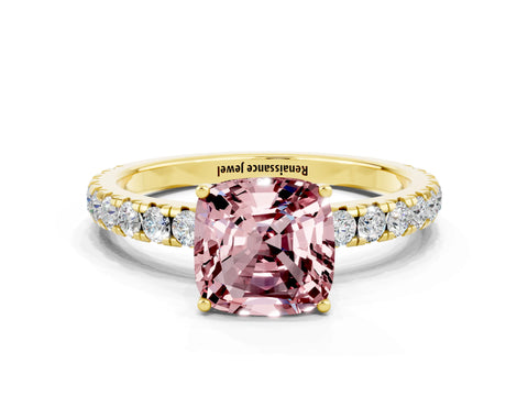 Yellow gold Cushion Cut Morganite Pavé Solitaire Engagement Ring with Four-Prong Setting_12