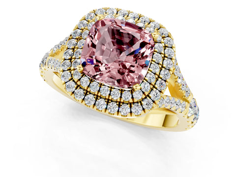 Yellow gold Cushion Cut Morganite Pavé Split Shank Double Halo Engagement Ring_1