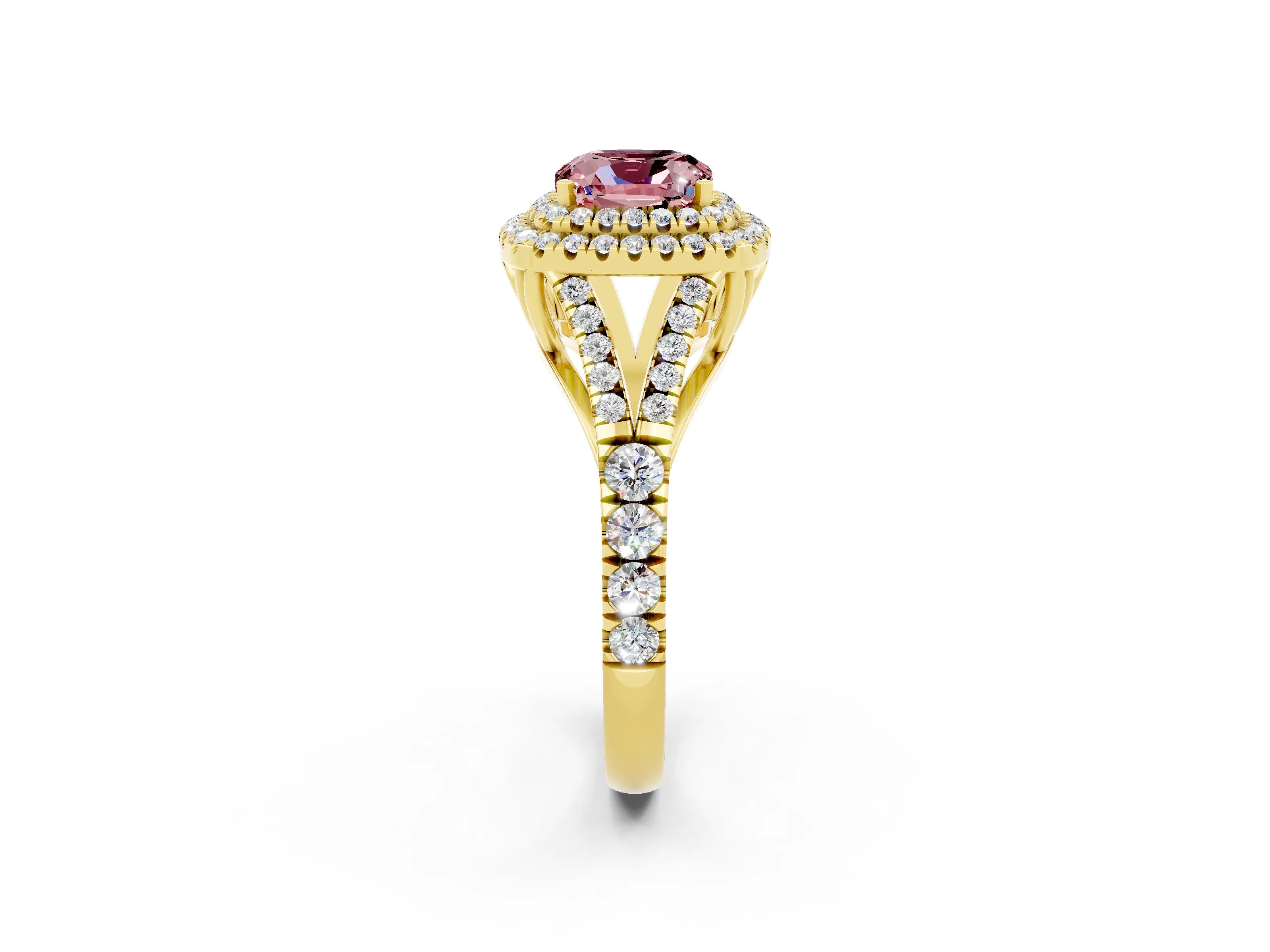 Yellow gold Cushion Cut Morganite Pavé Split Shank Double Halo Engagement Ring_2