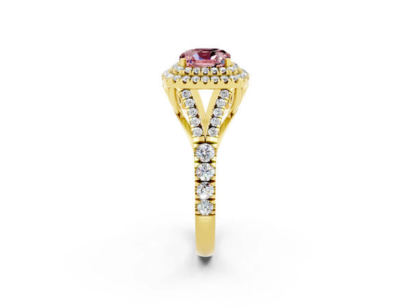 Yellow gold Cushion Cut Morganite Pavé Split Shank Double Halo Engagement Ring