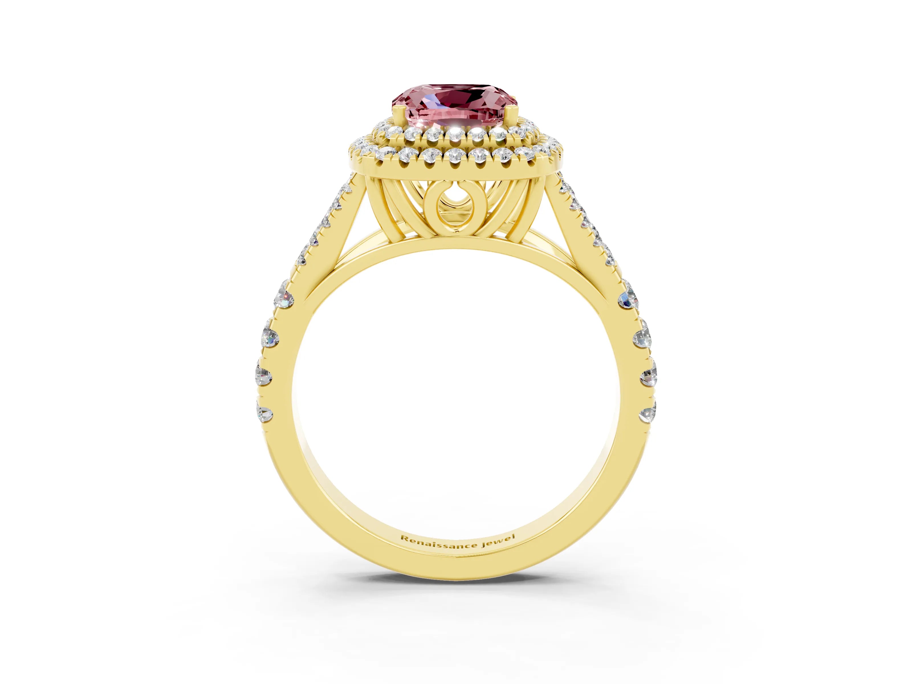 Yellow gold Cushion Cut Morganite Pavé Split Shank Double Halo Engagement Ring_3