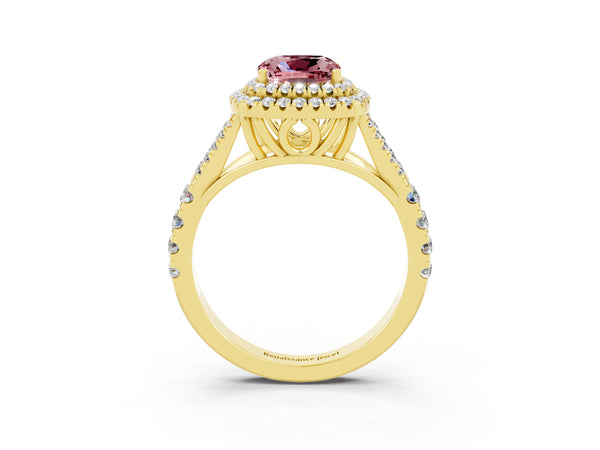 Yellow gold Cushion Cut Morganite Pavé Split Shank Double Halo Engagement Ring