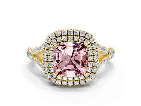 Yellow gold Cushion Cut Morganite Pavé Split Shank Double Halo Engagement Ring