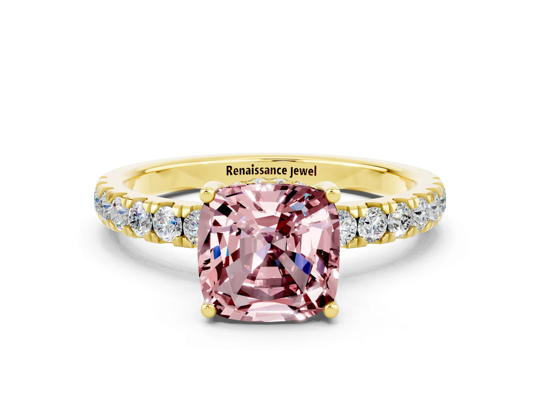 Yellow gold Cushion Cut Morganite Pave Band Solitaire Ring with Four-Prong Setting_24
