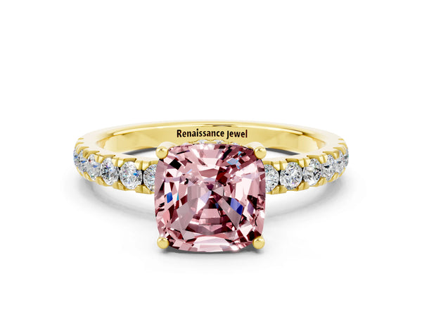 Yellow gold Cushion Cut Morganite Pave Band Solitaire Ring with Round  and Prong Setting