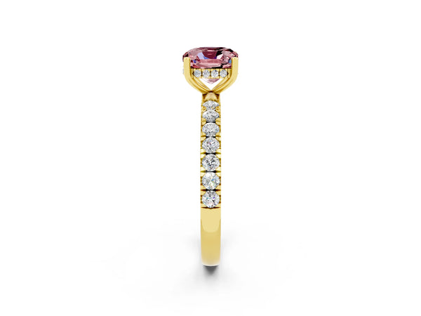 Yellow gold Cushion Cut Morganite Pave Band Solitaire Ring with Round  and Prong Setting