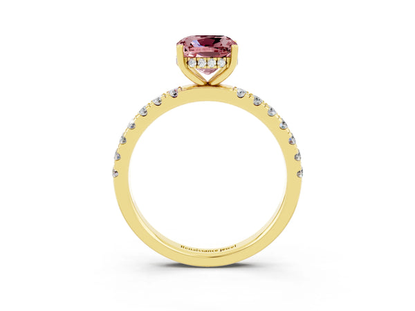 Yellow gold Cushion Cut Morganite Pave Band Solitaire Ring with Round  and Prong Setting