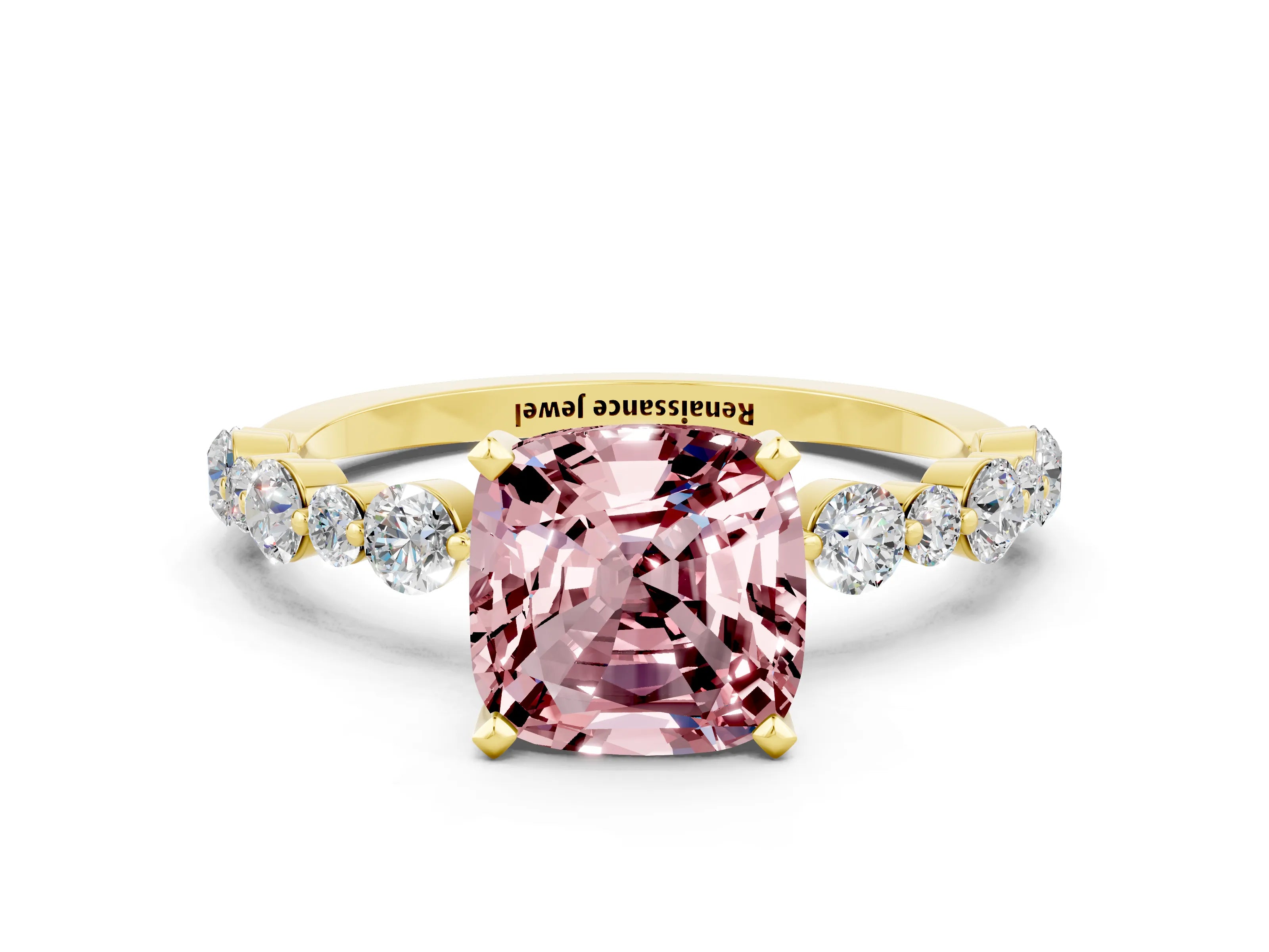 Yellow gold Cushion Cut Morganite Prong Set Engagement Ring with Pavé Band