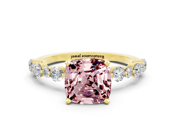 Yellow gold Cushion Cut Morganite Prong Set Engagement Ring with Pavé Band