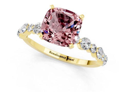 Yellow gold Cushion Cut Morganite Prong Set Engagement Ring with Pavé Band_1