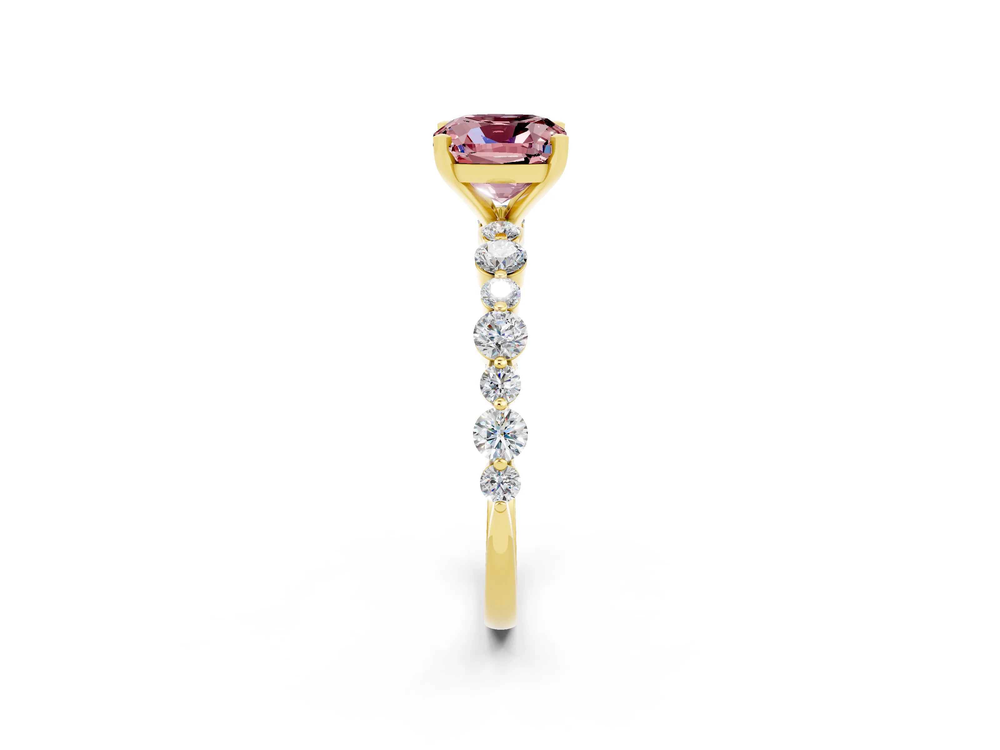 Yellow gold Cushion Cut Morganite Prong Set Engagement Ring with Pavé Band_2