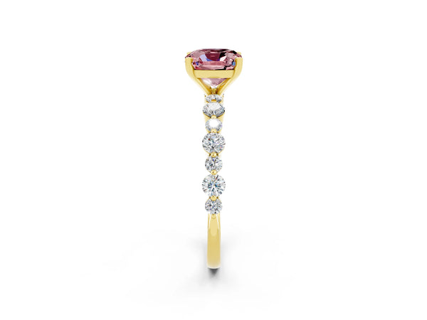 Yellow gold Cushion Cut Morganite Prong Set Engagement Ring with Pavé Band