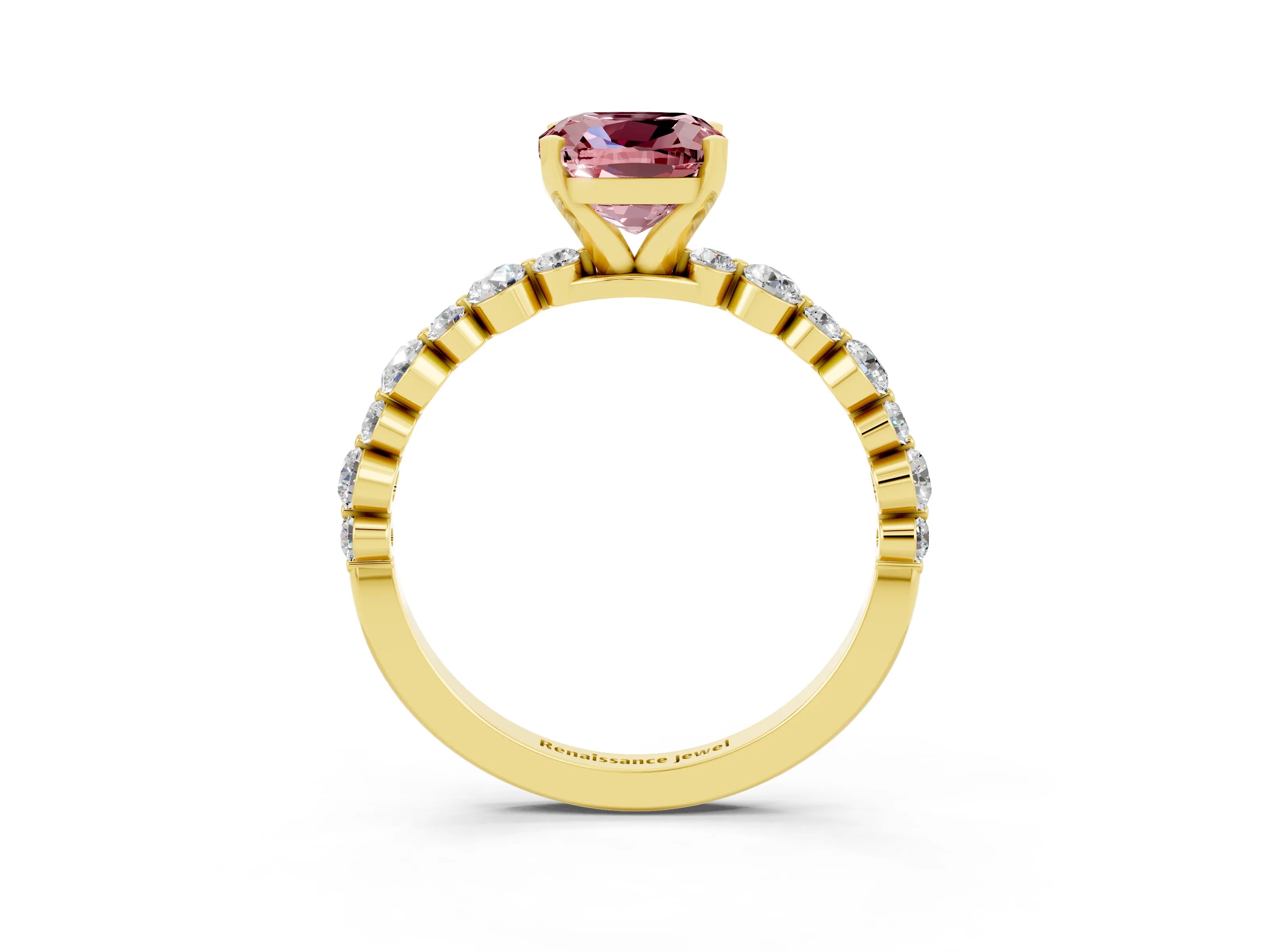 Yellow gold Cushion Cut Morganite Prong Set Engagement Ring with Pavé Band_3