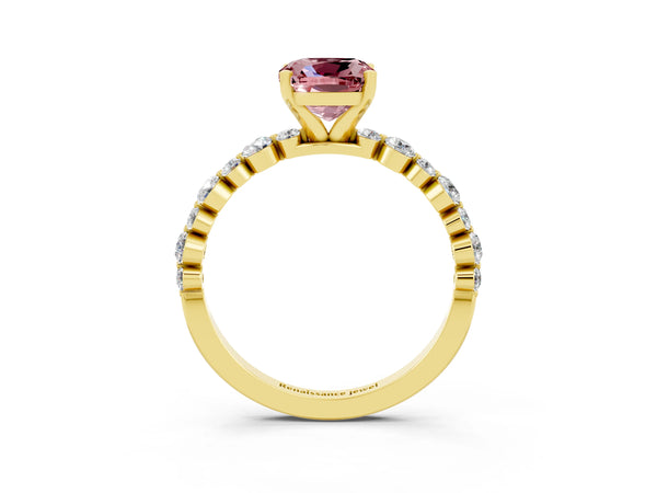 Yellow gold Cushion Cut Morganite Prong Set Engagement Ring with Pavé Band