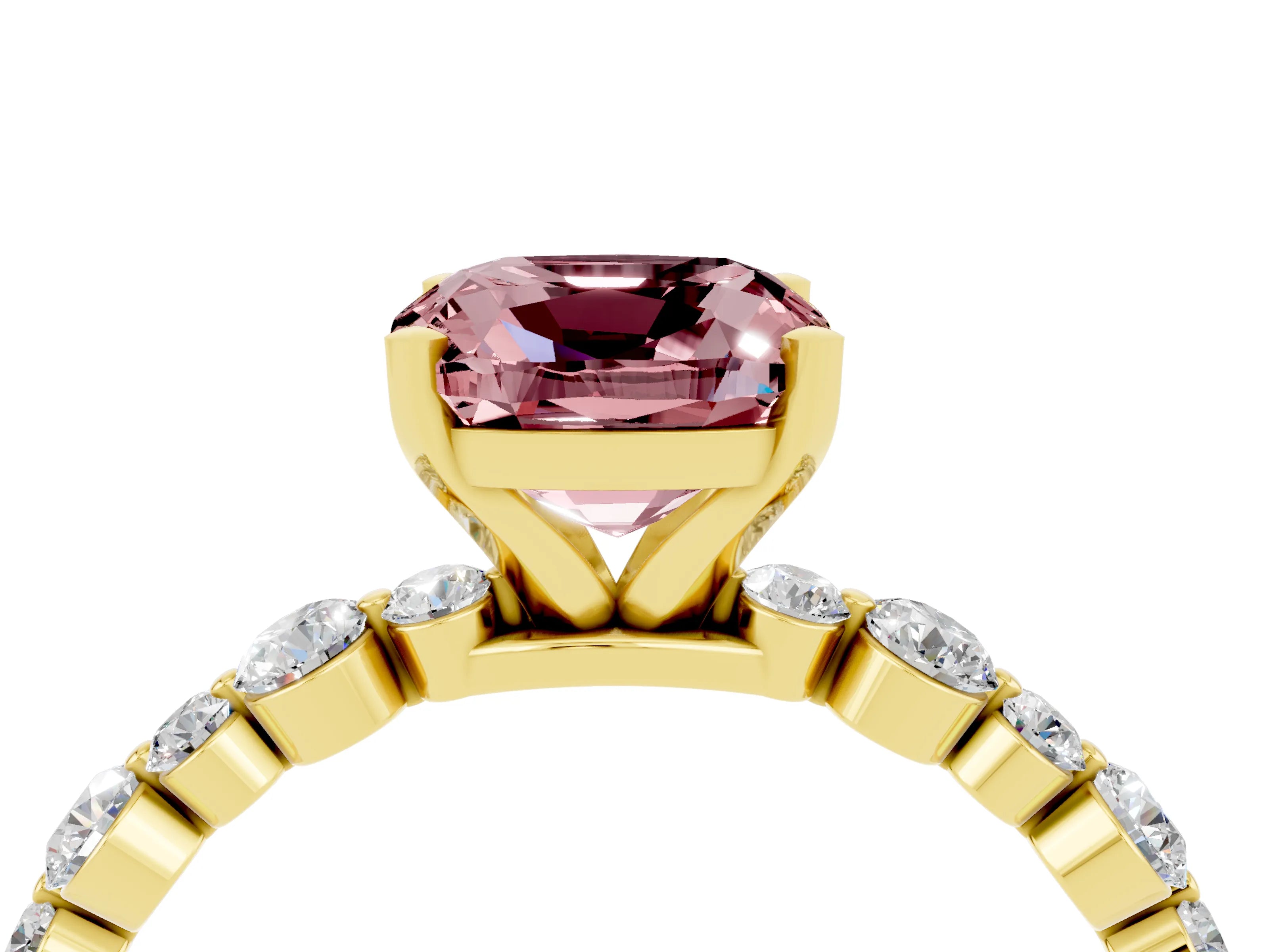 Yellow gold Cushion Cut Morganite Prong Set Engagement Ring with Pavé Band_4