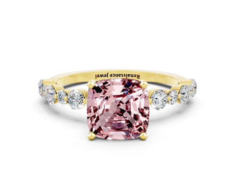 Yellow gold Cushion Cut Morganite Prong Set Engagement Ring with Pavé Band