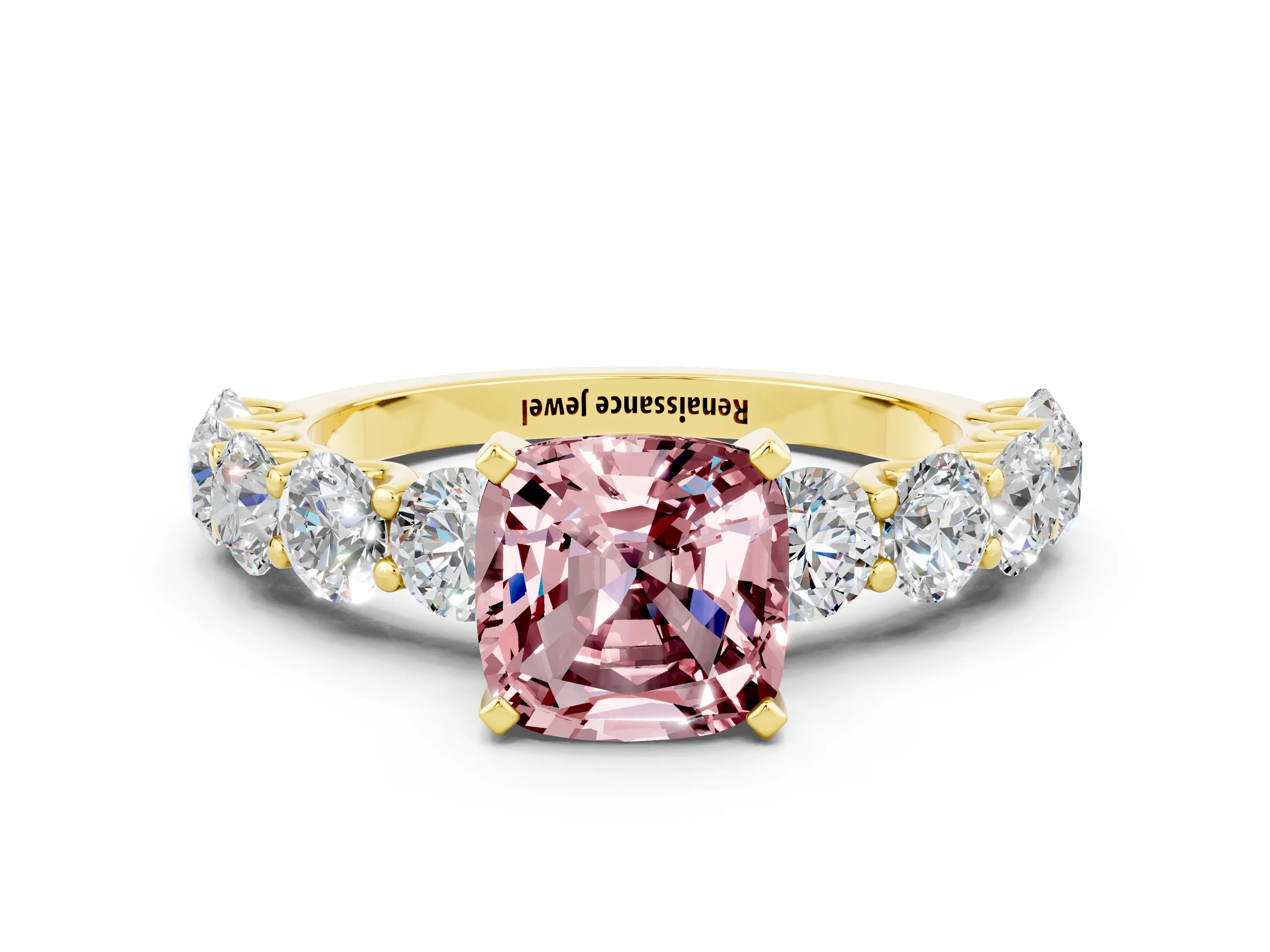 Yellow gold Cushion Cut Morganite Prong Setting with Side Stones on a Pave Band