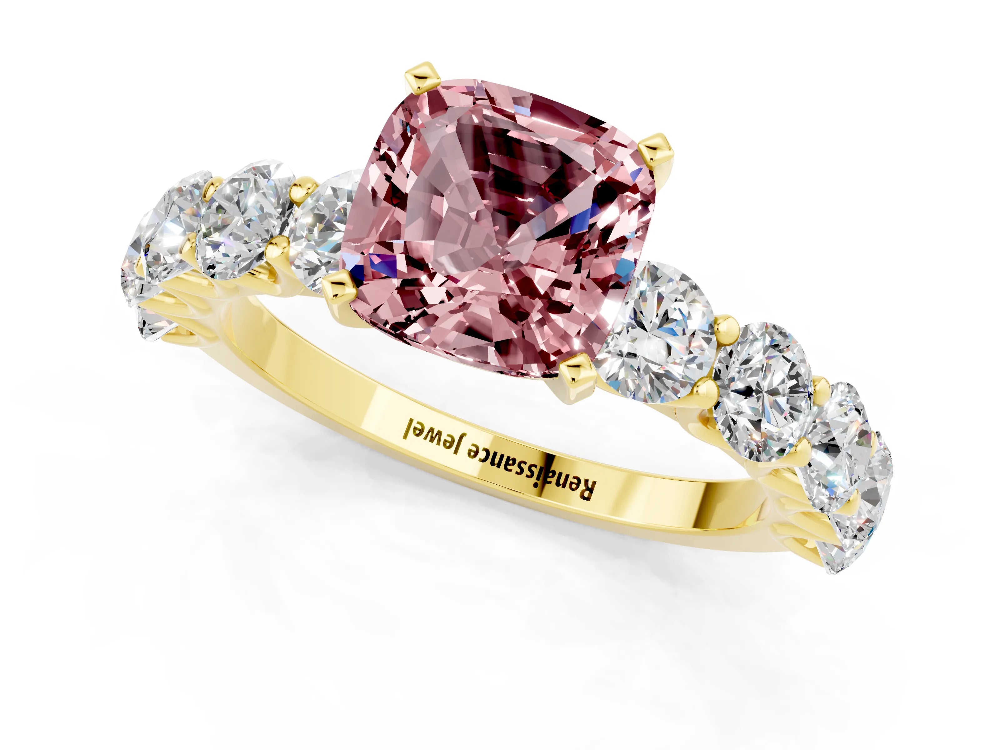 Yellow gold Cushion Cut Morganite Prong Setting with Side Stones on a Pave Band_1