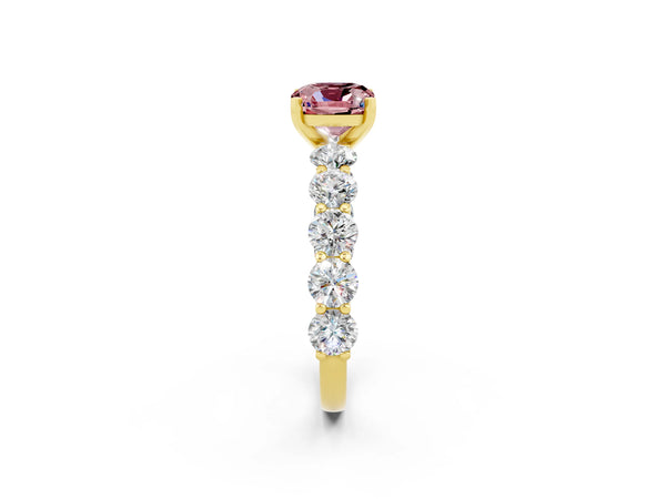 Yellow gold Cushion Cut Morganite Prong Setting with Side Stones on a Pave Band