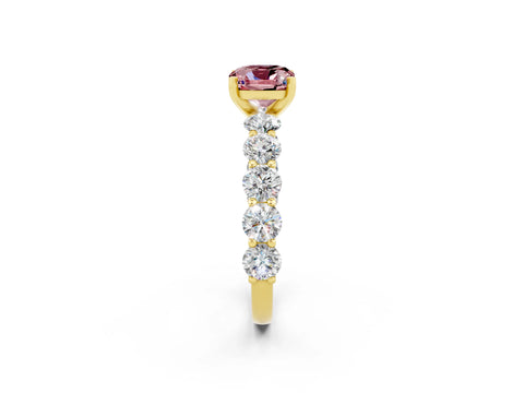 Yellow gold Cushion Cut Morganite Prong Setting with Side Stones on a Pave Band_2