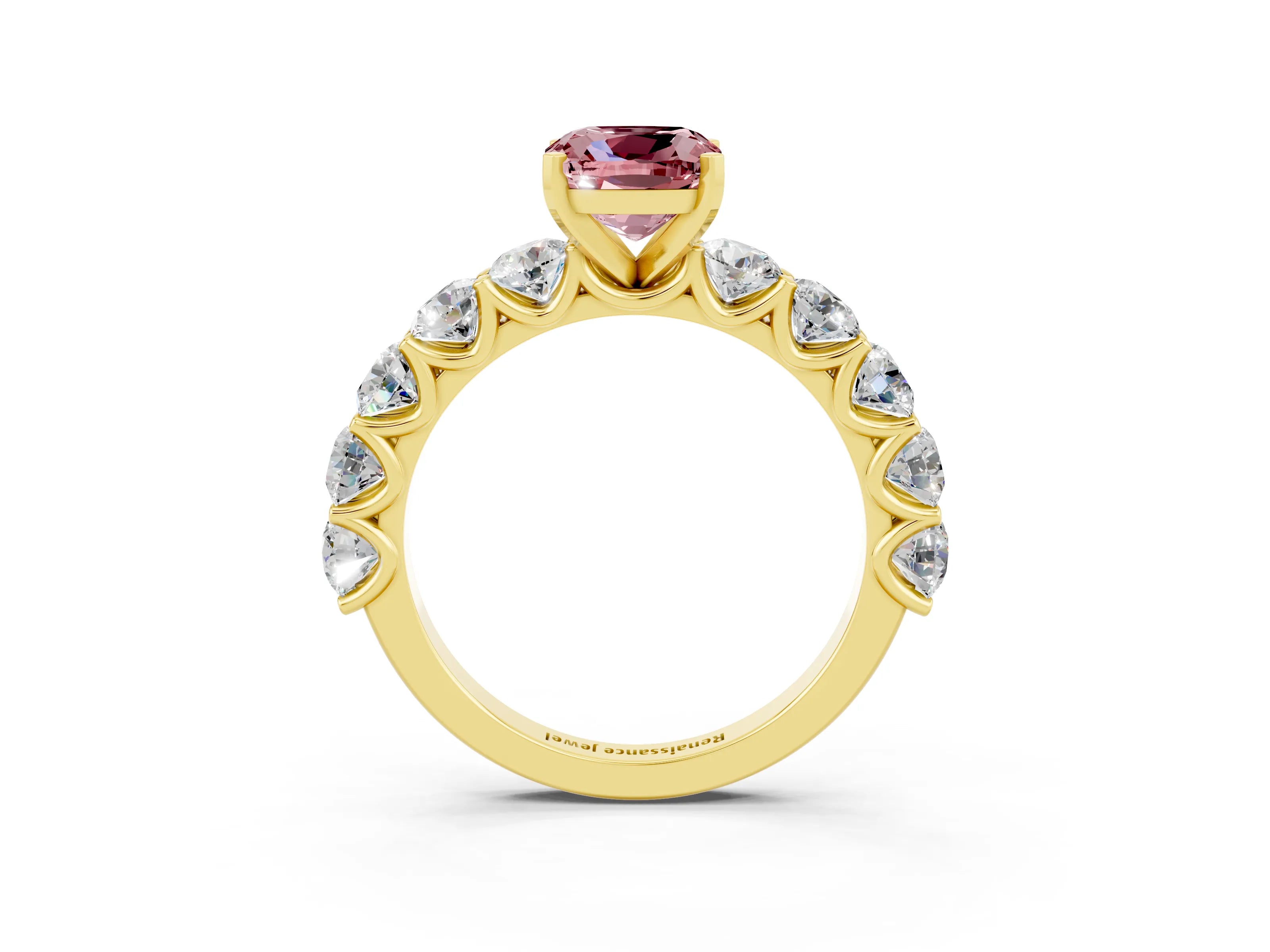 Yellow gold Cushion Cut Morganite Prong Setting with Side Stones on a Pave Band_3