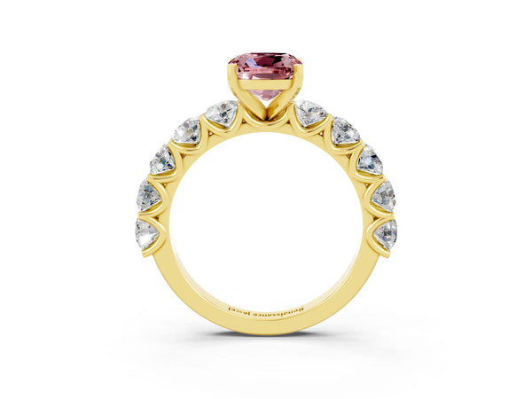 Yellow gold Cushion Cut Morganite Prong Setting with Side Stones on a Pave Band