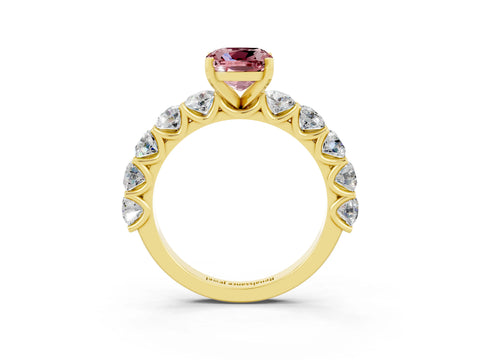 Yellow gold Cushion Cut Morganite Prong Setting with Side Stones on a Pave Band_3