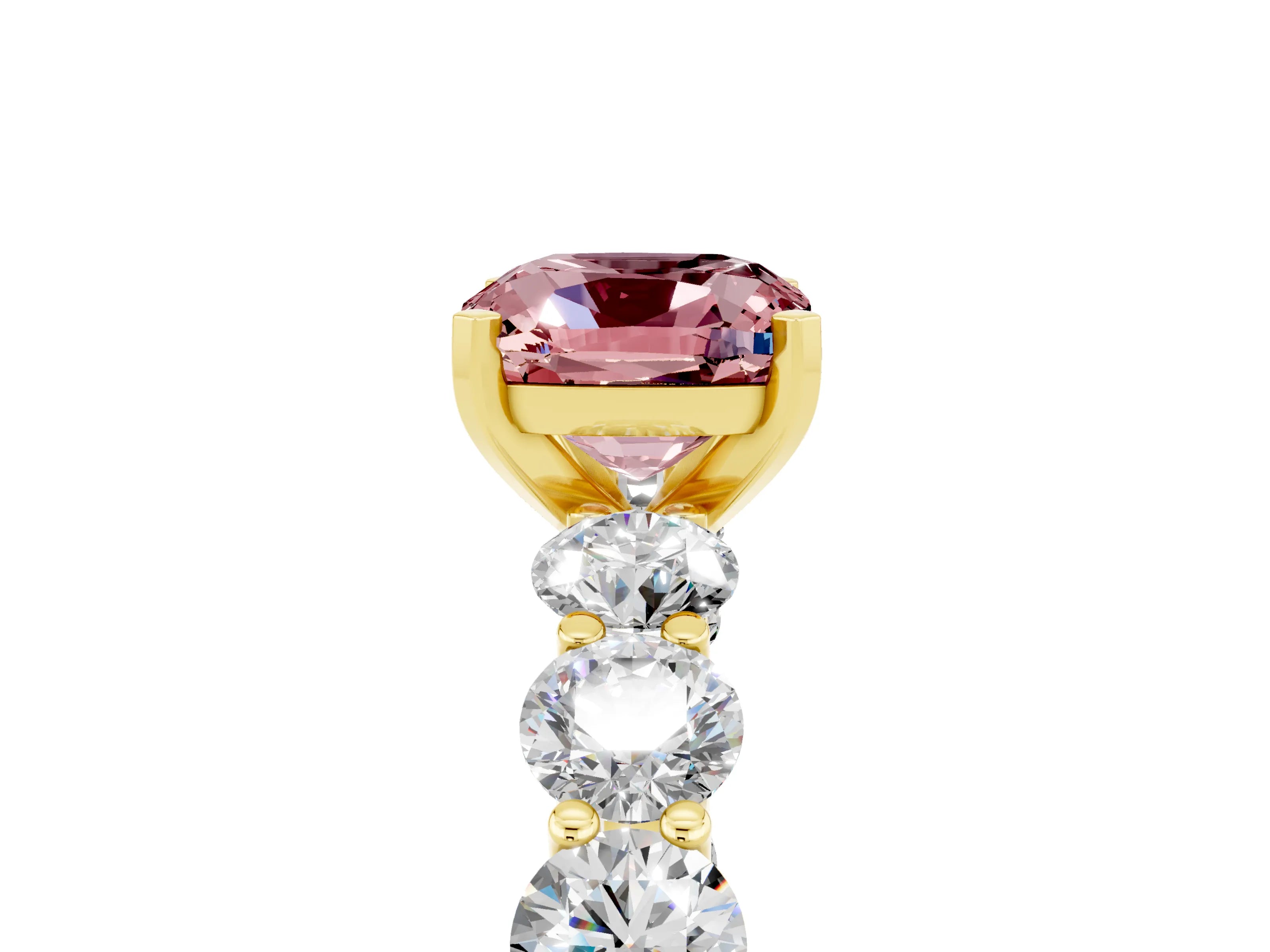 Yellow gold Cushion Cut Morganite Prong Setting with Side Stones on a Pave Band_5