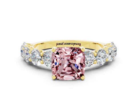 Yellow gold Cushion Cut Morganite Prong Setting with Side Stones on a Pave Band