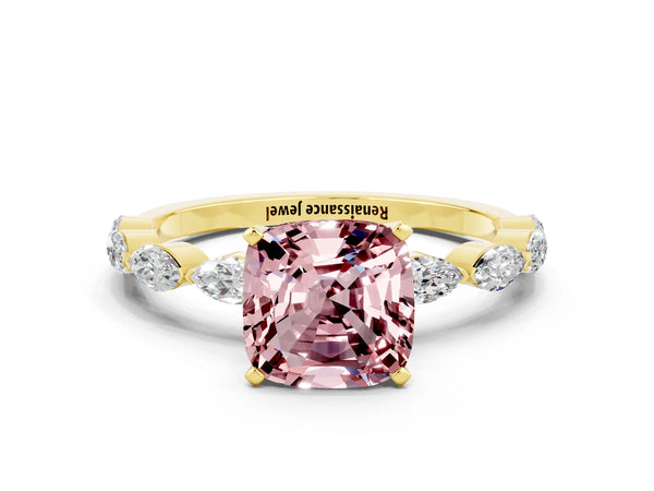 Yellow gold Cushion Cut Morganite Ring with Marquise Side Stones and Prong Setting