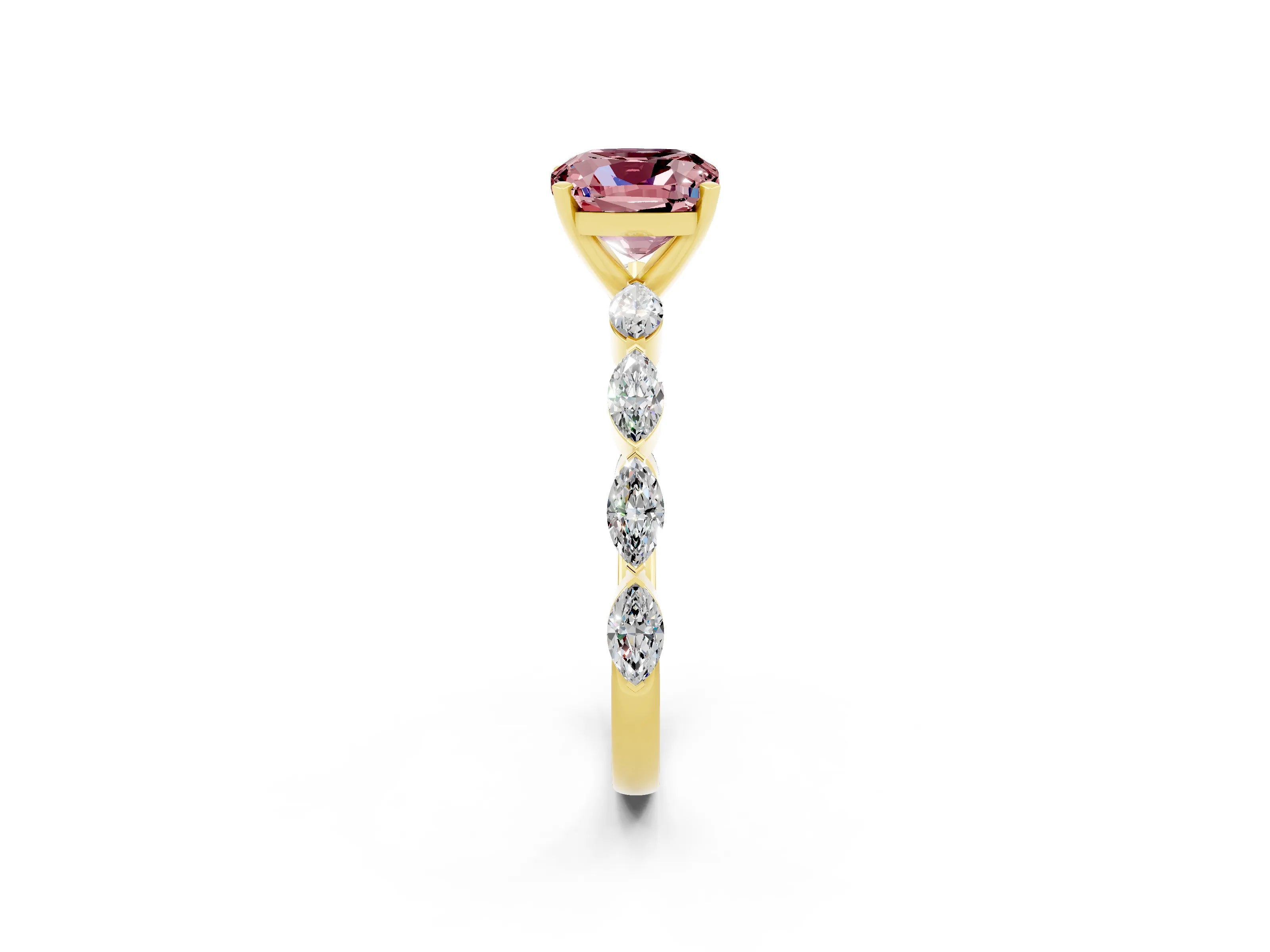 Yellow gold Cushion Cut Morganite Ring with Marquise Side Stones and Prong Setting_2
