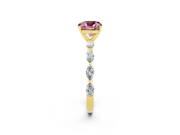 Yellow gold Cushion Cut Morganite Ring with Marquise Side Stones and Prong Setting