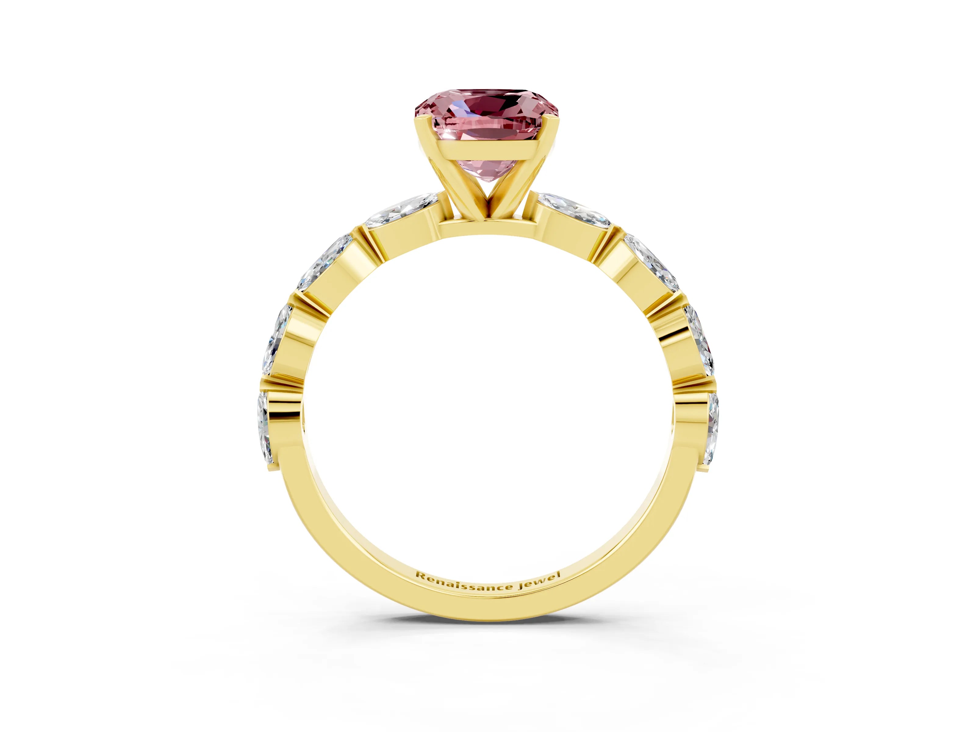 Yellow gold Cushion Cut Morganite Ring with Marquise Side Stones and Prong Setting_3