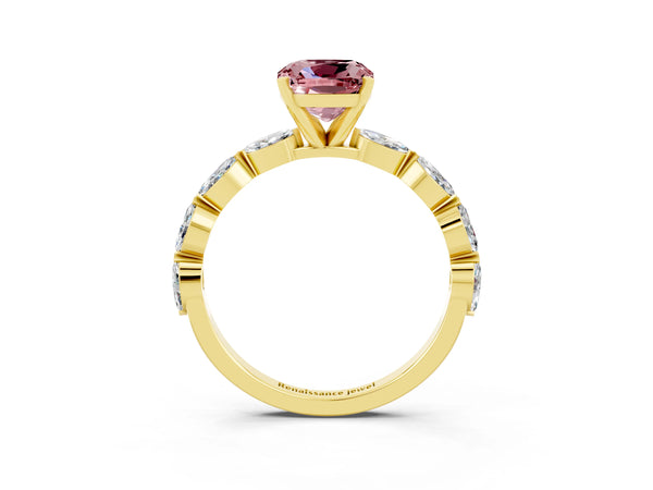 Yellow gold Cushion Cut Morganite Ring with Marquise Side Stones and Prong Setting