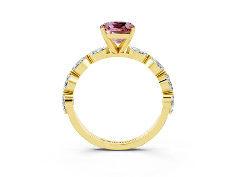 Yellow gold Cushion Cut Morganite Ring with Marquise Side Stones and Prong Setting_3