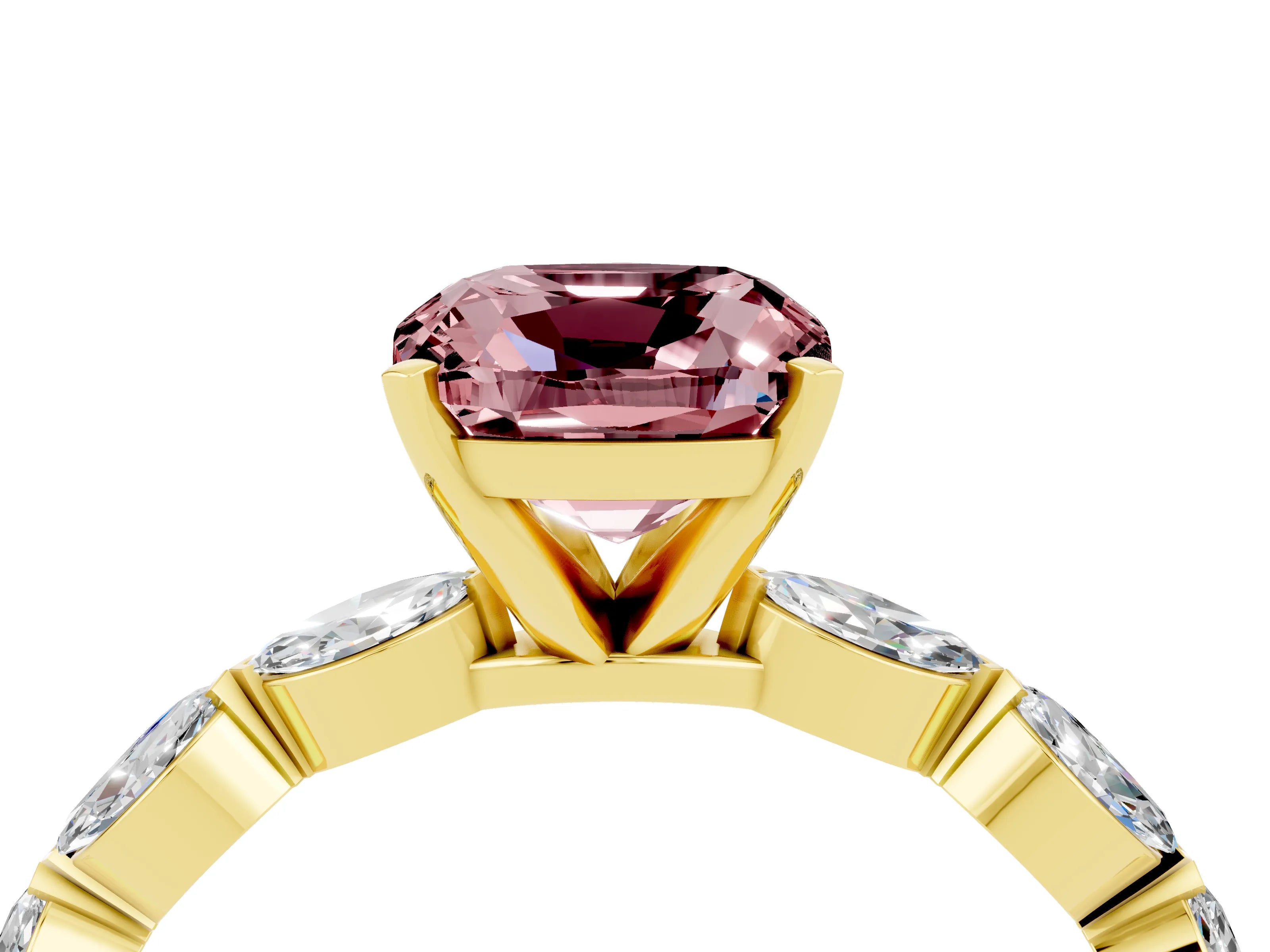 Yellow gold Cushion Cut Morganite Ring with Marquise Side Stones and Prong Setting_4