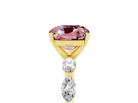 Yellow gold Cushion Cut Morganite Ring with Marquise Side Stones and Prong Setting_5